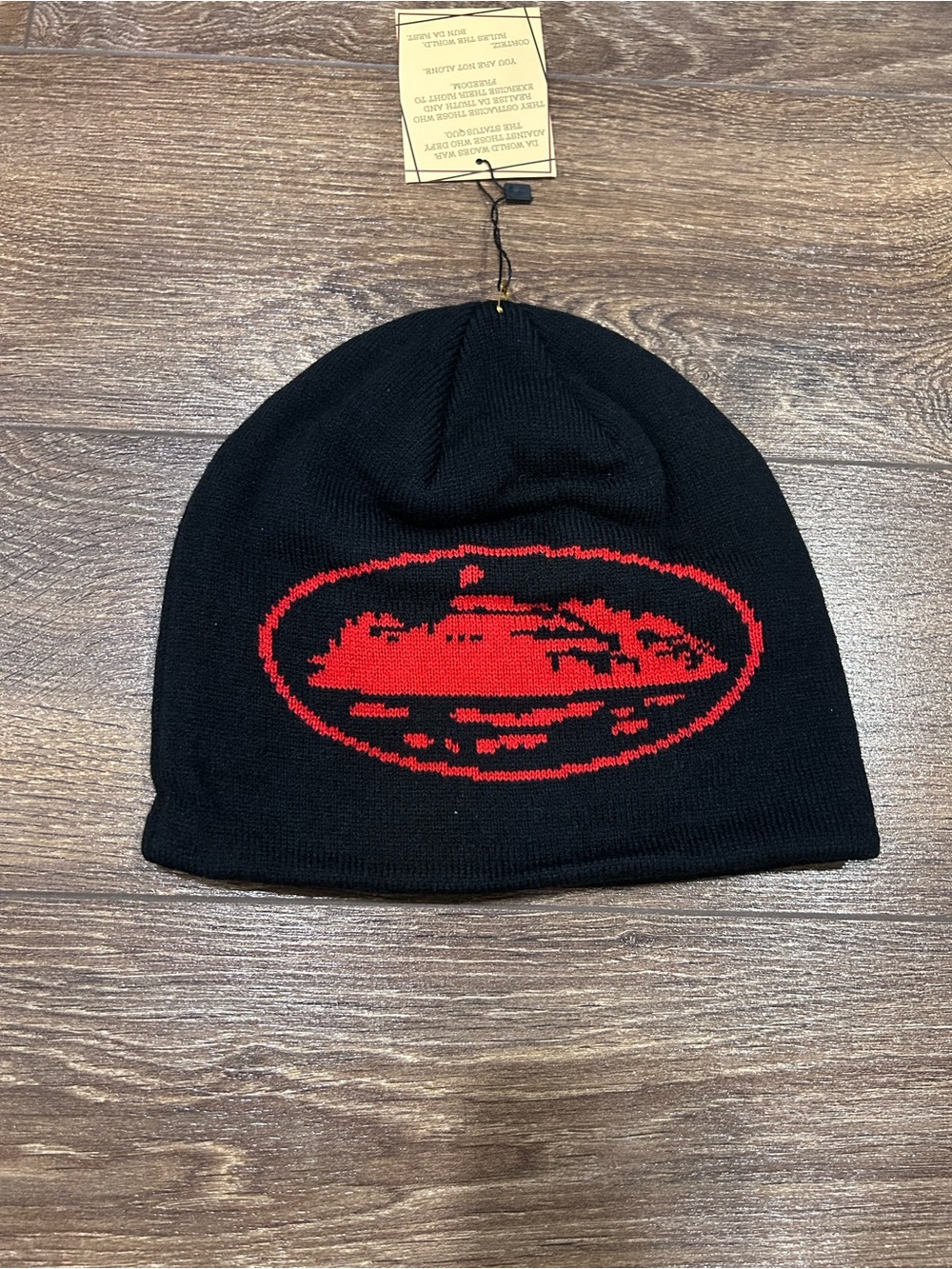 Black Knit Beanie with Red Graphic Logo